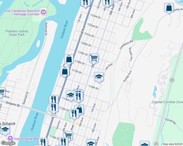 map of restaurants, bars, coffee shops, grocery stores, and more near 649 5th Avenue in Troy