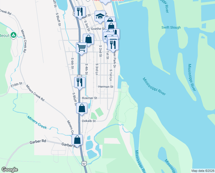 map of restaurants, bars, coffee shops, grocery stores, and more near 900 South 1st Street in Guttenberg