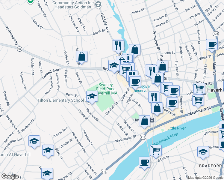 map of restaurants, bars, coffee shops, grocery stores, and more near 81 Blaisdell Street in Haverhill