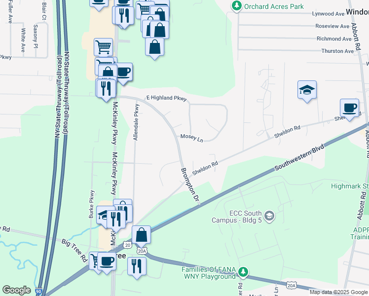 map of restaurants, bars, coffee shops, grocery stores, and more near 4688 Brompton Drive in Buffalo