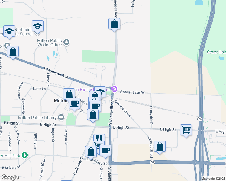 map of restaurants, bars, coffee shops, grocery stores, and more near 18 South Janesville Street in Milton