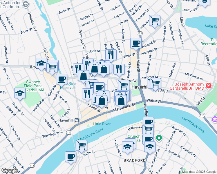 map of restaurants, bars, coffee shops, grocery stores, and more near 99 Emerson Street in Haverhill