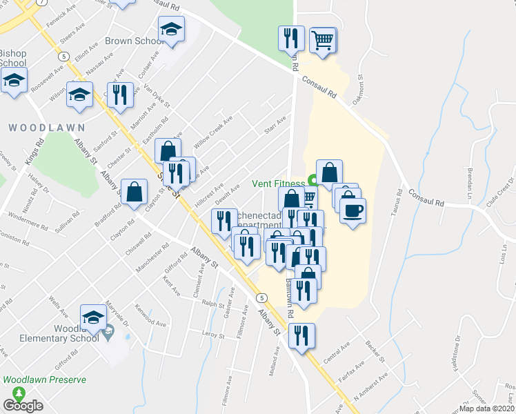 map of restaurants, bars, coffee shops, grocery stores, and more near 3320 Marie Street in Schenectady