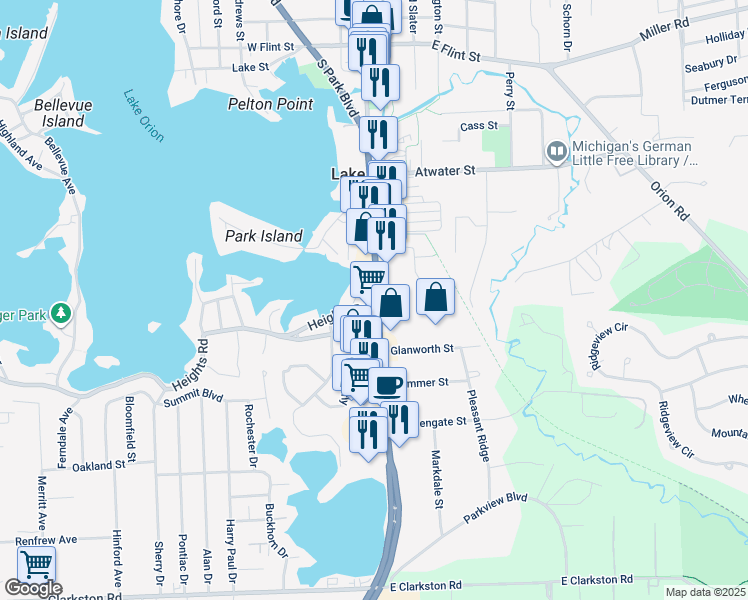 map of restaurants, bars, coffee shops, grocery stores, and more near 486 South Broadway Street in Orion charter Township