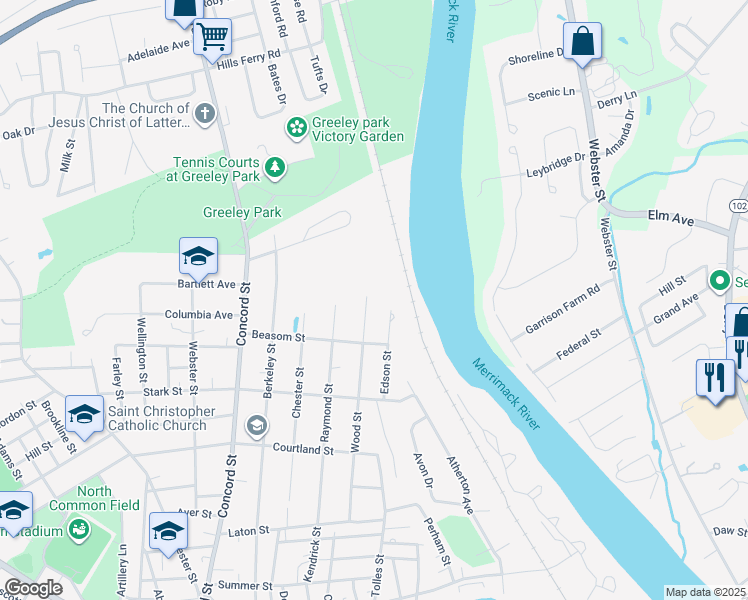 map of restaurants, bars, coffee shops, grocery stores, and more near 59 Wood Street in Nashua