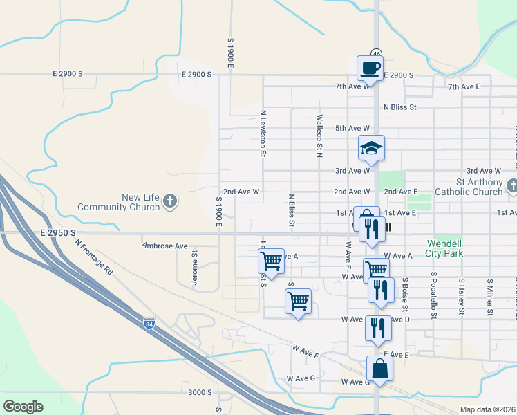 map of restaurants, bars, coffee shops, grocery stores, and more near 147 Nampa Street in Wendell