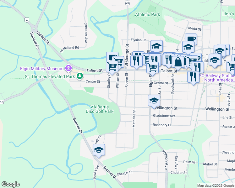 map of restaurants, bars, coffee shops, grocery stores, and more near William Street in Saint Thomas
