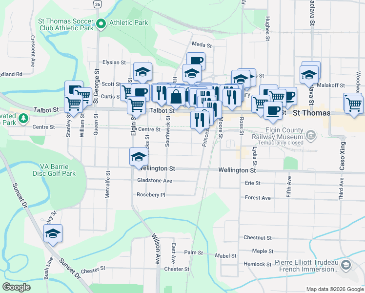 map of restaurants, bars, coffee shops, grocery stores, and more near in St. Thomas