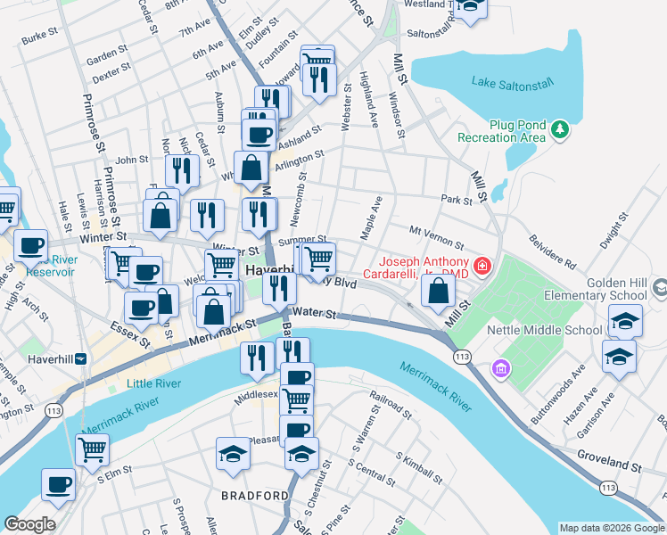 map of restaurants, bars, coffee shops, grocery stores, and more near 46 Green Street in Haverhill