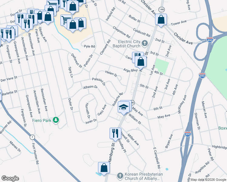 map of restaurants, bars, coffee shops, grocery stores, and more near 1010 Wayne Road in Schenectady
