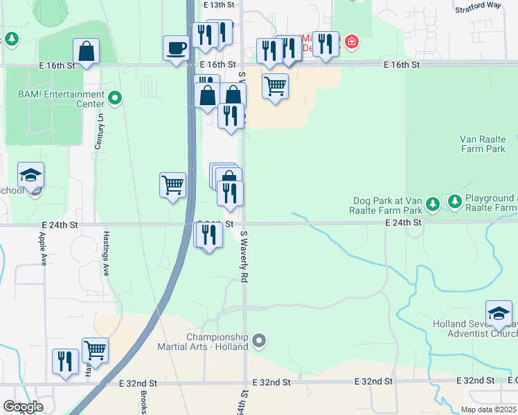 map of restaurants, bars, coffee shops, grocery stores, and more near 717 East 24th Street in Holland