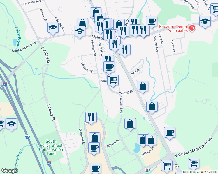 map of restaurants, bars, coffee shops, grocery stores, and more near 57 Central Street in Salem