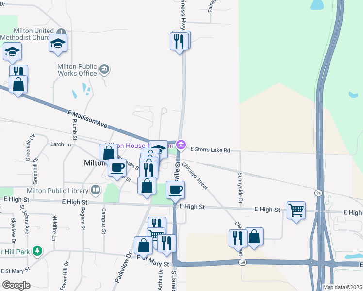 map of restaurants, bars, coffee shops, grocery stores, and more near 2 South Janesville Street in Milton