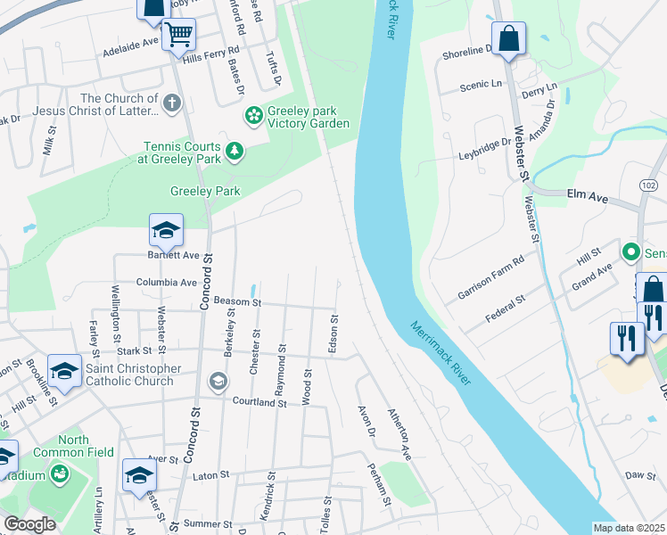 map of restaurants, bars, coffee shops, grocery stores, and more near 59 Wood Street in Nashua