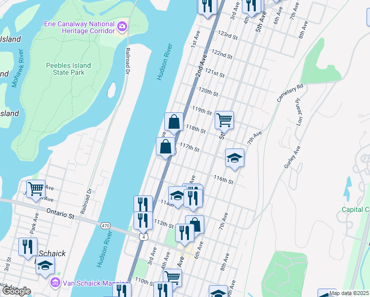 map of restaurants, bars, coffee shops, grocery stores, and more near 629 3rd Avenue in Troy