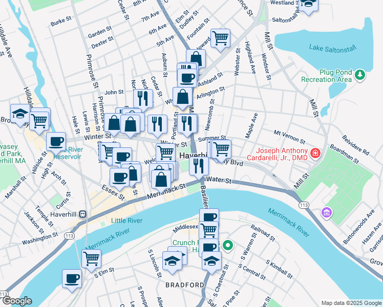 map of restaurants, bars, coffee shops, grocery stores, and more near 108 Main Street in Haverhill