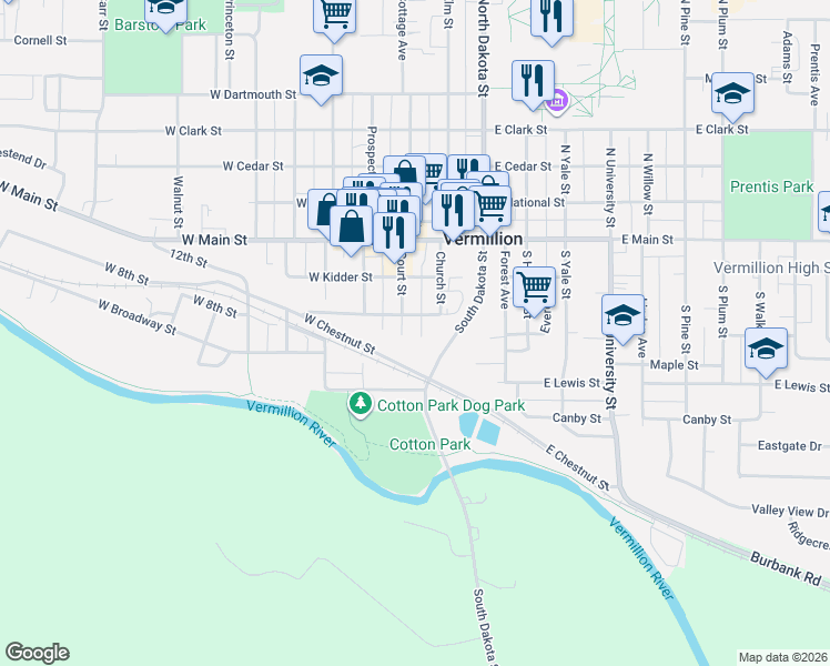 map of restaurants, bars, coffee shops, grocery stores, and more near 201-299 Oak Pl in Vermillion