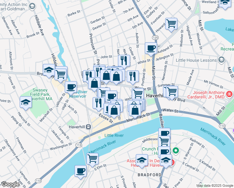 map of restaurants, bars, coffee shops, grocery stores, and more near 24 Grand Avenue in Haverhill