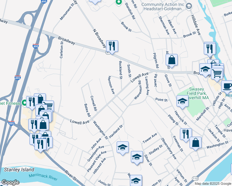 map of restaurants, bars, coffee shops, grocery stores, and more near 15 Hermon Avenue in Haverhill