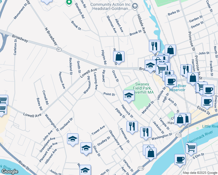 map of restaurants, bars, coffee shops, grocery stores, and more near 19 Janet Road in Haverhill