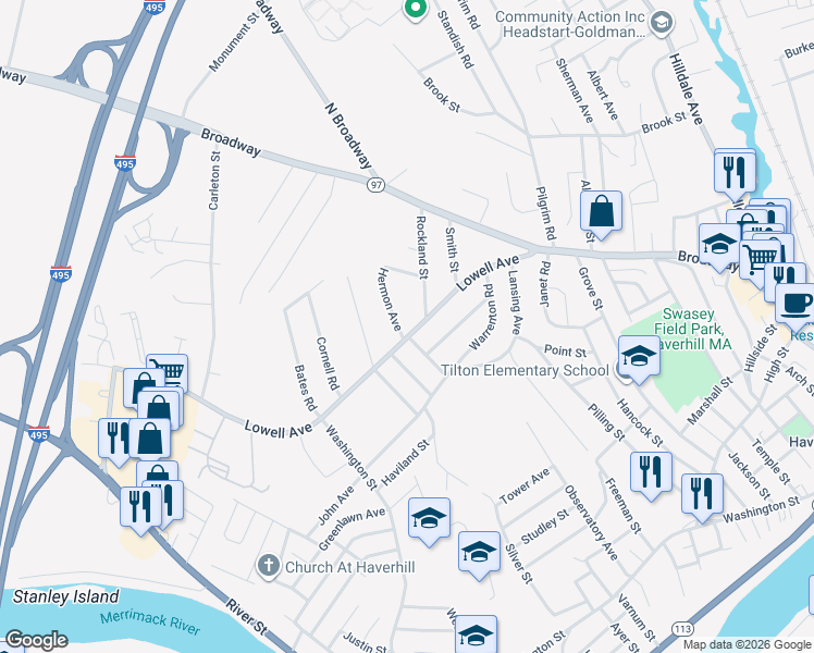 map of restaurants, bars, coffee shops, grocery stores, and more near 15 Hermon Avenue in Haverhill