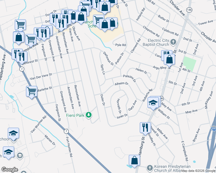 map of restaurants, bars, coffee shops, grocery stores, and more near 1010 Spry Lane in Schenectady