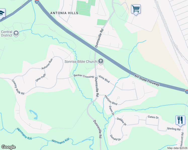 map of restaurants, bars, coffee shops, grocery stores, and more near 1039 Dunnsville Road in Schenectady