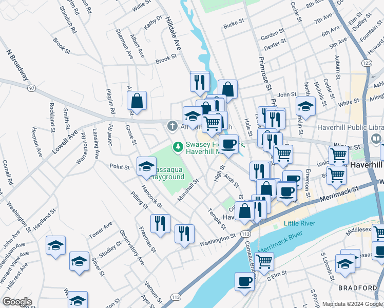 map of restaurants, bars, coffee shops, grocery stores, and more near 103 Bellevue Avenue in Haverhill