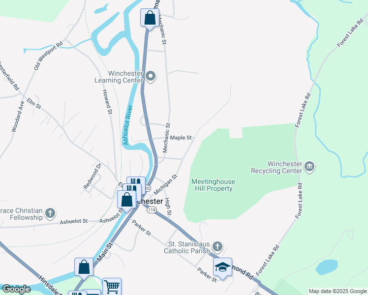 map of restaurants, bars, coffee shops, grocery stores, and more near 66 Michigan Street in Winchester
