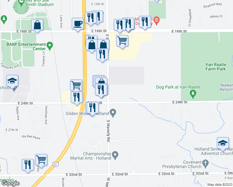 map of restaurants, bars, coffee shops, grocery stores, and more near 717 East 24th Street in Holland