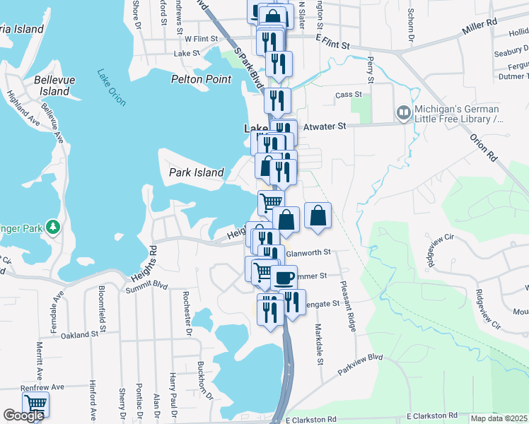 map of restaurants, bars, coffee shops, grocery stores, and more near 468 South Broadway Street in Orion charter Township