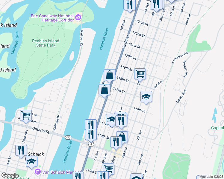 map of restaurants, bars, coffee shops, grocery stores, and more near 13-15 117th Street in Troy