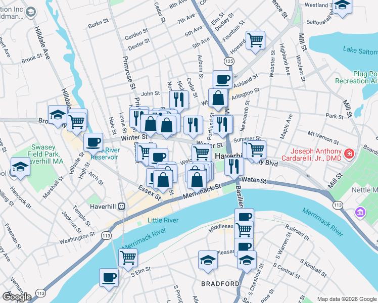 map of restaurants, bars, coffee shops, grocery stores, and more near 67 Pecker Street in Haverhill