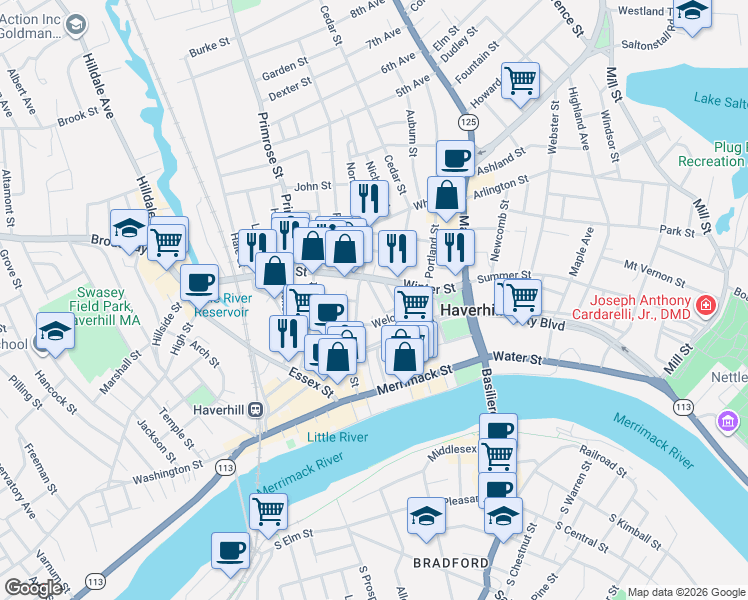 map of restaurants, bars, coffee shops, grocery stores, and more near 112 Emerson Street in Haverhill