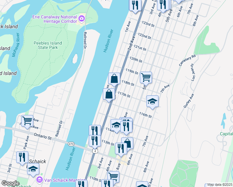 map of restaurants, bars, coffee shops, grocery stores, and more near 13-15 117th Street in Troy