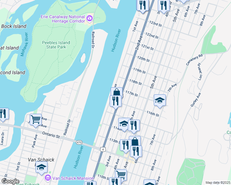 map of restaurants, bars, coffee shops, grocery stores, and more near 622 1st Avenue in Troy