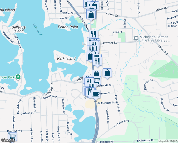 map of restaurants, bars, coffee shops, grocery stores, and more near 486 South Broadway Street in Orion charter Township