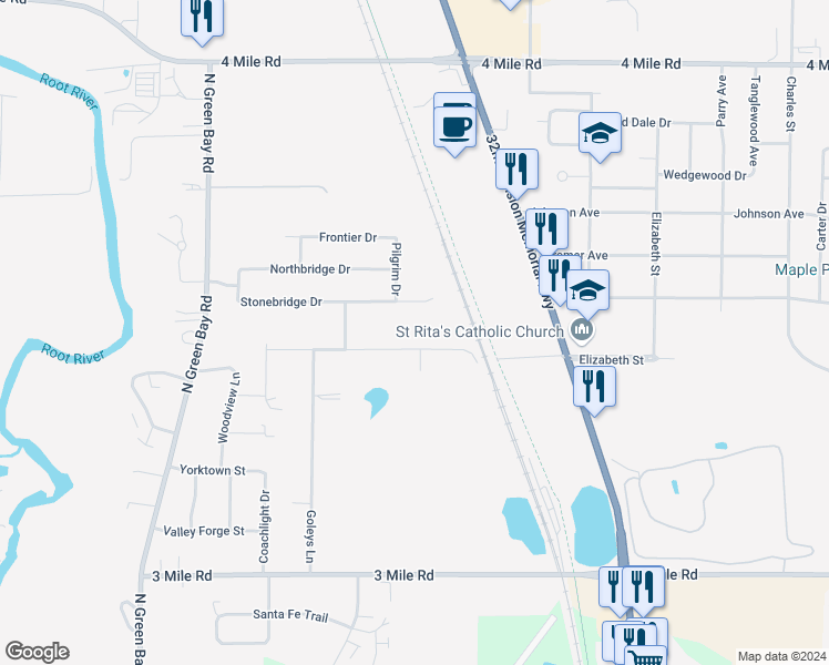 map of restaurants, bars, coffee shops, grocery stores, and more near 2642 Saint Rita Road in Racine