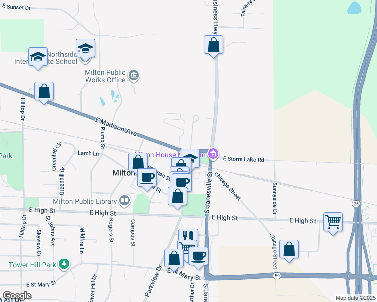 map of restaurants, bars, coffee shops, grocery stores, and more near 712 East Madison Avenue in Milton