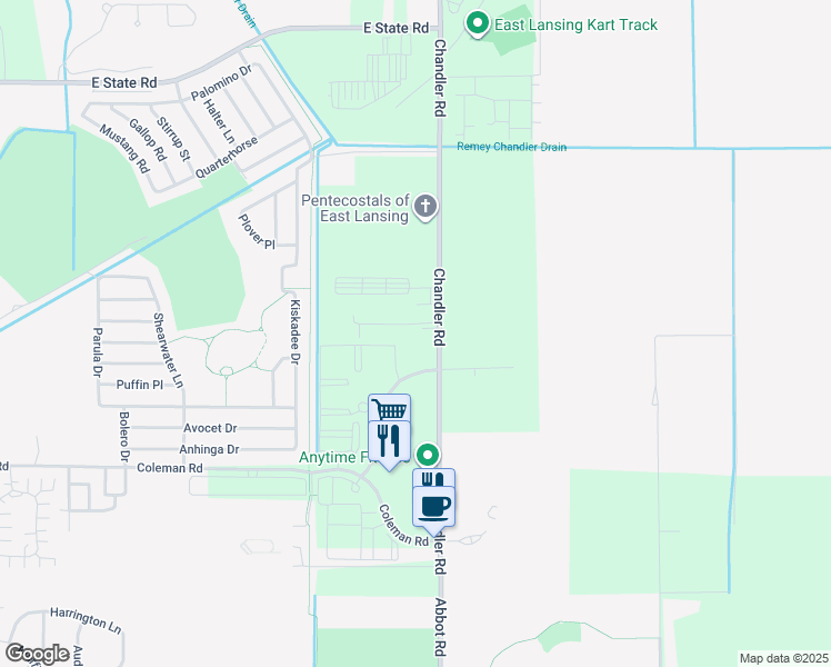 map of restaurants, bars, coffee shops, grocery stores, and more near 16620 Chandler Road in East Lansing