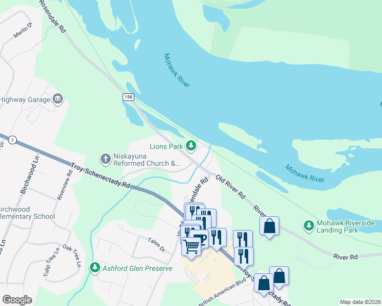 map of restaurants, bars, coffee shops, grocery stores, and more near 3439 Rosendale Road in Schenectady County