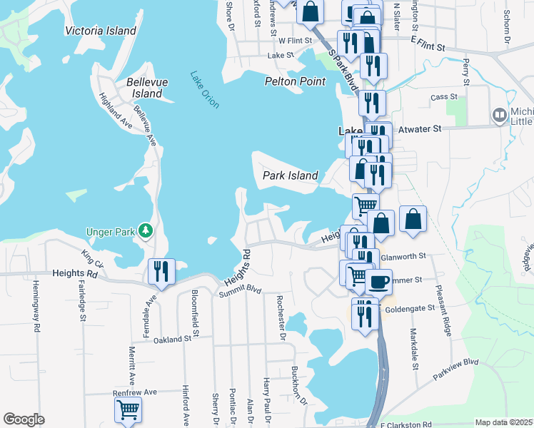 map of restaurants, bars, coffee shops, grocery stores, and more near 446 Algene Street in Orion charter Township