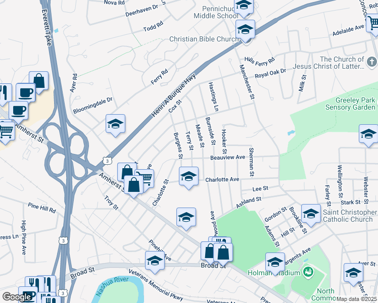 map of restaurants, bars, coffee shops, grocery stores, and more near 14 Terry Street in Nashua