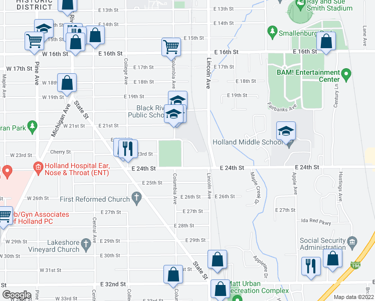 map of restaurants, bars, coffee shops, grocery stores, and more near 217 East 24th Street in Holland
