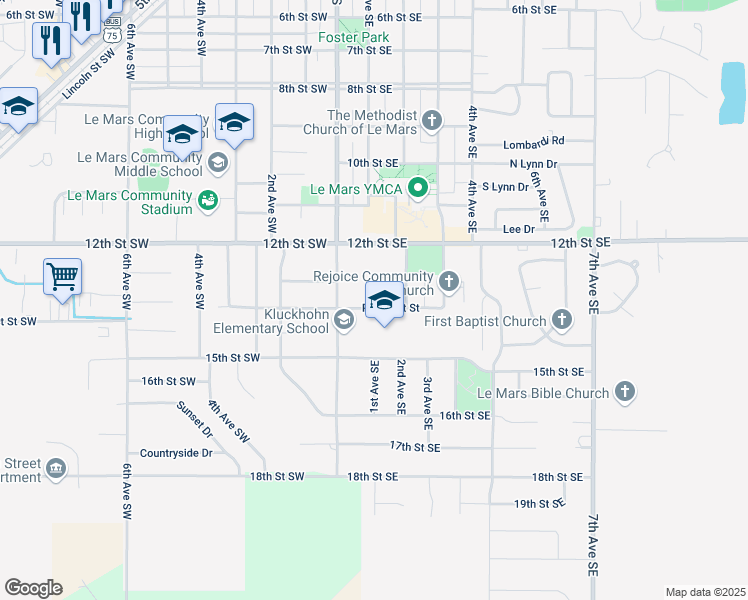 map of restaurants, bars, coffee shops, grocery stores, and more near 111 Prospect Street in Le Mars