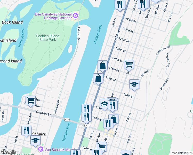 map of restaurants, bars, coffee shops, grocery stores, and more near 622 1st Avenue in Troy