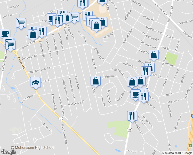 map of restaurants, bars, coffee shops, grocery stores, and more near 1010 Spry Lane in Schenectady