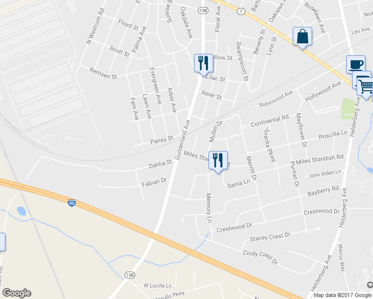 map of restaurants, bars, coffee shops, grocery stores, and more near 144 144B Miles Standish Road in Rotterdam