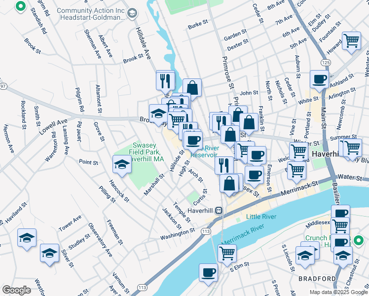 map of restaurants, bars, coffee shops, grocery stores, and more near 44 Lafayette Square in Haverhill