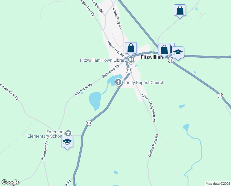 map of restaurants, bars, coffee shops, grocery stores, and more near 119 New Hampshire 119 in Fitzwilliam